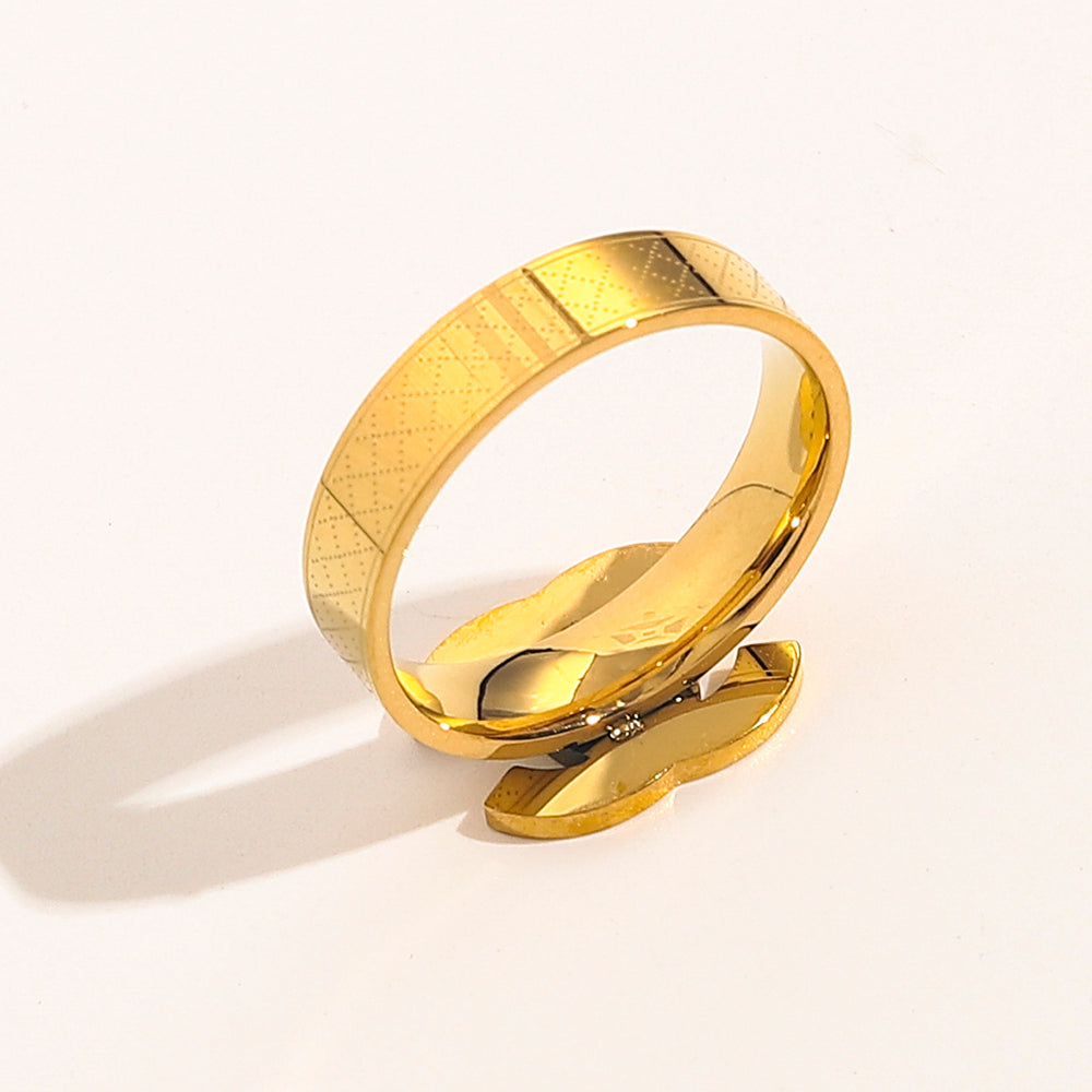 Bague à bande avec emblème incrusté couleur acier inoxydable 304