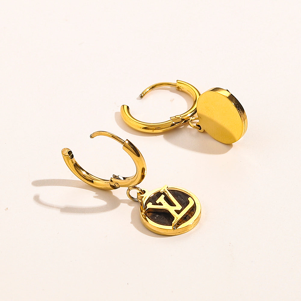 Pendientes de aro con dije de disco con monograma en acero inoxidable 304 negro