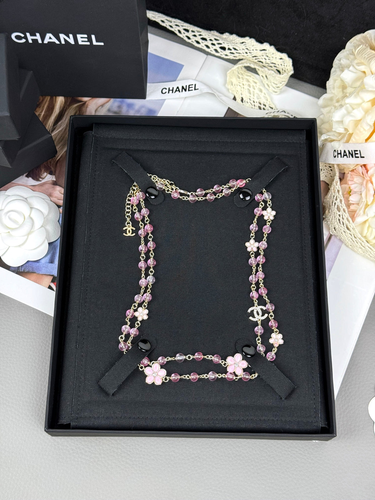Long Sweater Necklace, Pink Floral Resin Pendant