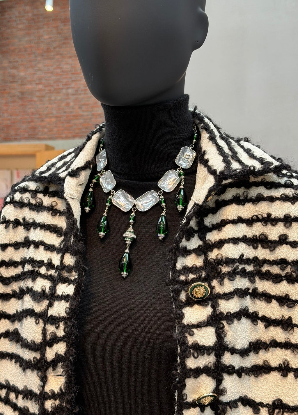 Vintage Geometric Pendant Necklace with Square, Emerald Teardrop & Clear Sugar-Cube Charms