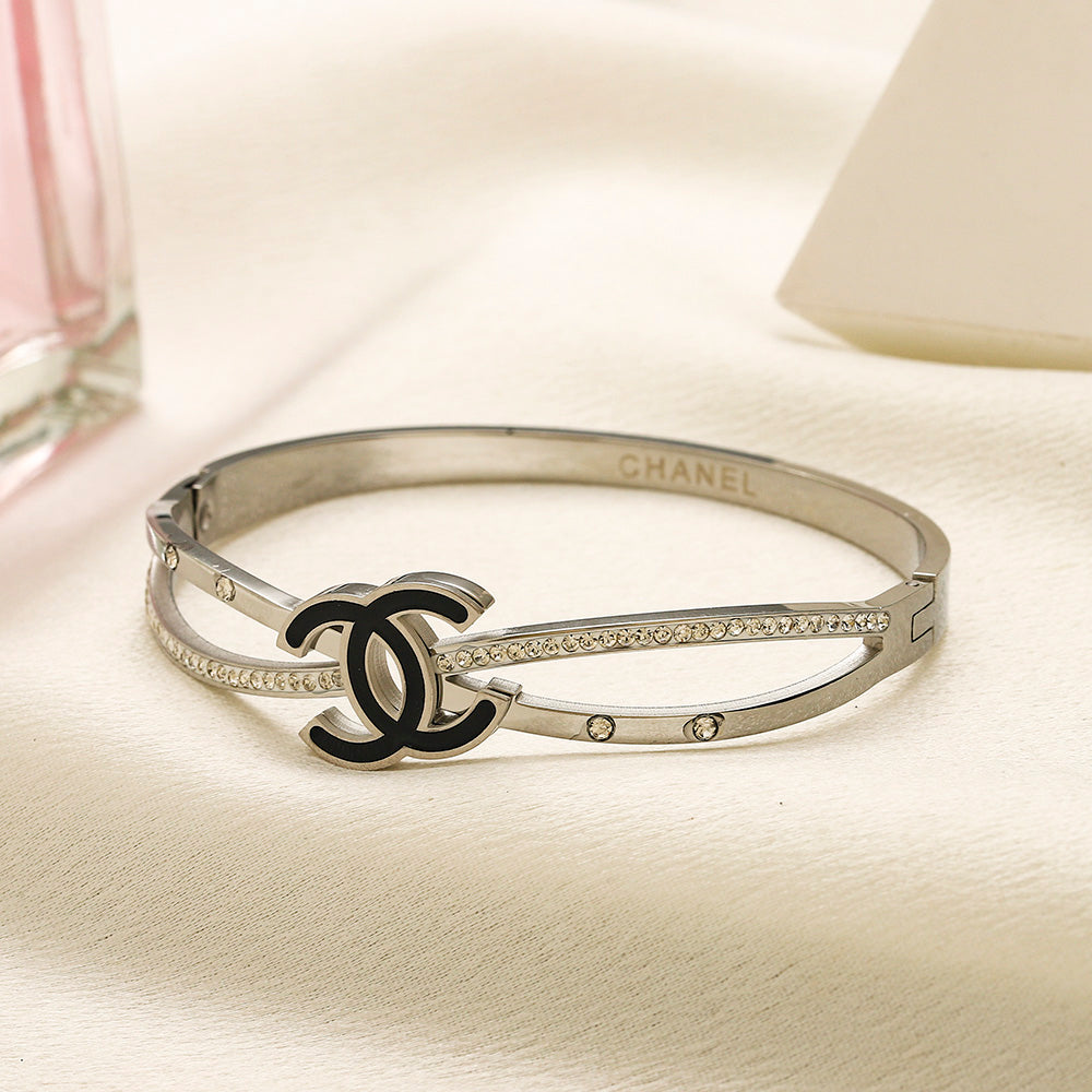 304 Stainless Steel Black Interlocking-C Pave Bangle Bracelet