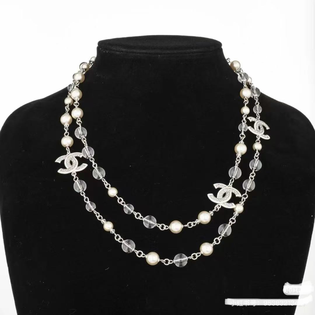 Silver Tone Faux Pearl Sweater Necklace, White Enamel, Sequins & Clear Beads
