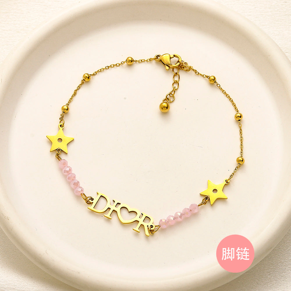304 Stainless Steel Star Charm Anklet with Letter Pendant