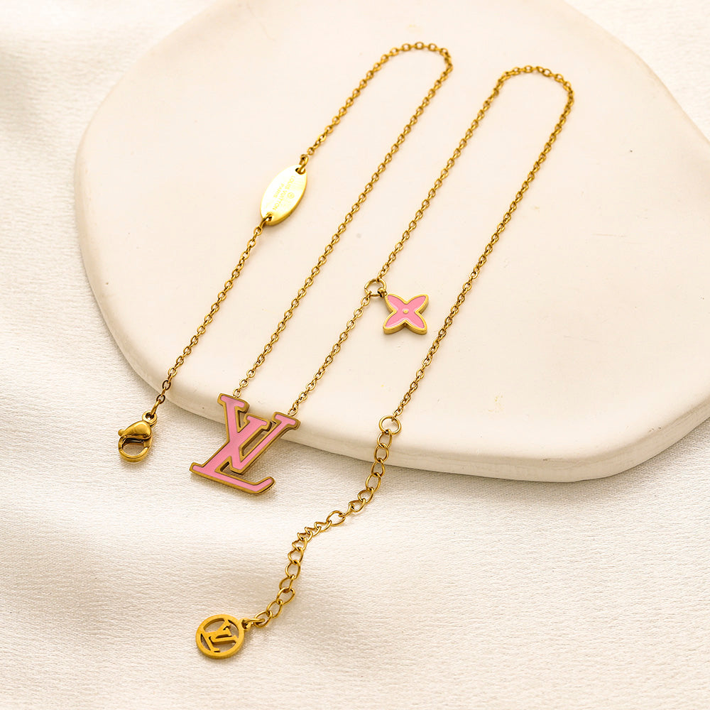 304 Stainless Steel Color-Inlay Monogram & Flower Necklace