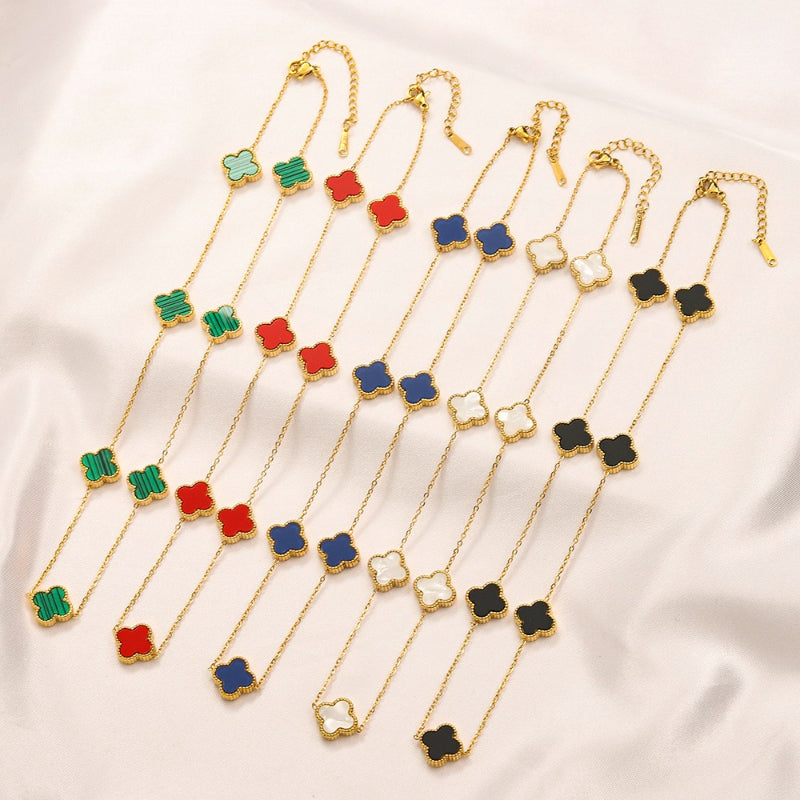 304 Stainless Steel Color-Inlay Quatrefoil Station Necklace