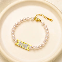 304 Stainless Steel Pearl-Look Bead Bracelet with Pave Bar