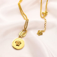 304 Stainless Steel Engraved Medallion Greek-Key Chain Necklace