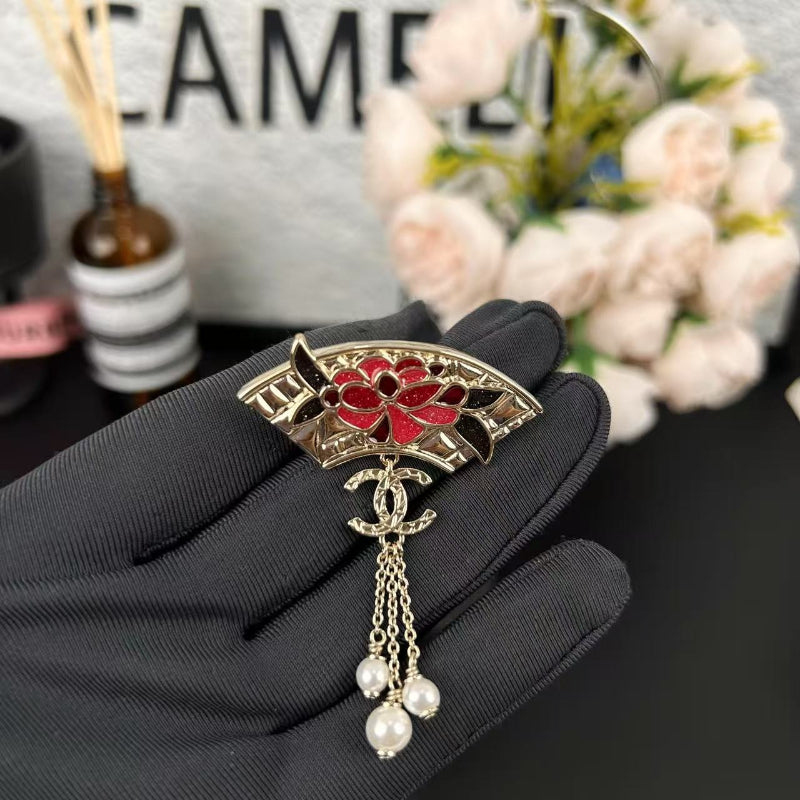 Red Flower Fan Brooch with Chain Drops