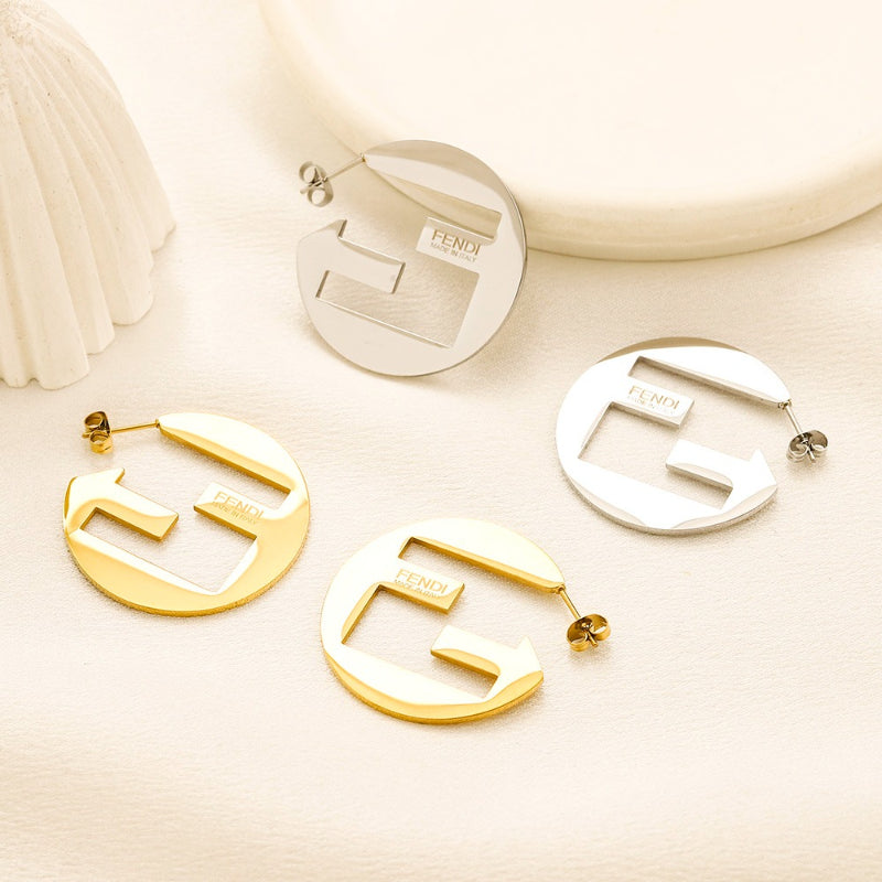 304 Stainless Steel Polished Cutout F-Motif Hoop Earrings