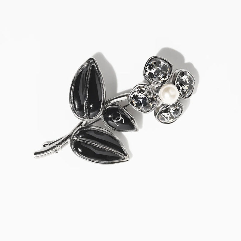 Black Leaf & Stone Flower Brooch