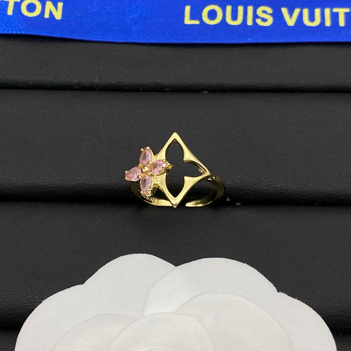 Open Floral Motif Ring with Butterfly Accent