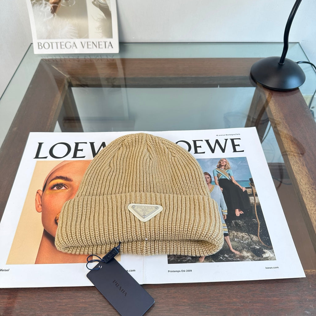 Ribbed Knit Beanie with Triangle Emblem