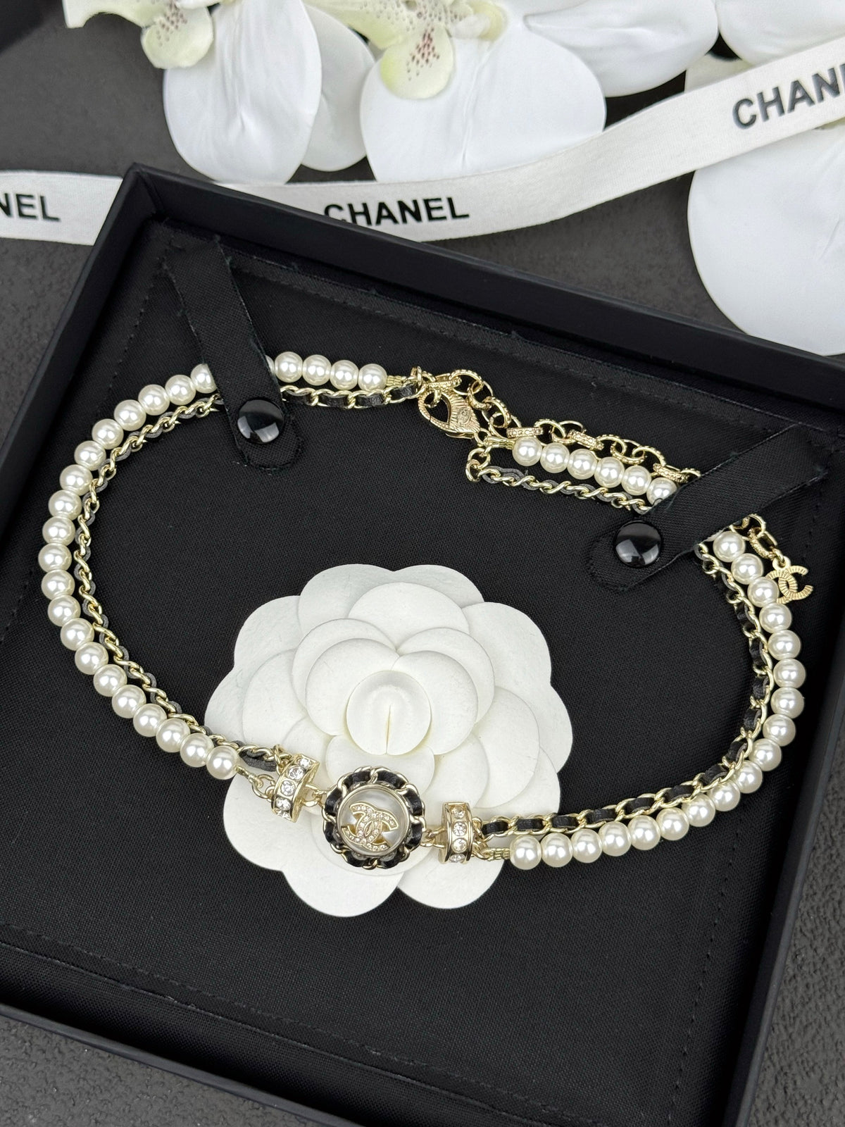 Gold Tone Double Layer Faux Pearl Choker, Round Resin & Leather Detail