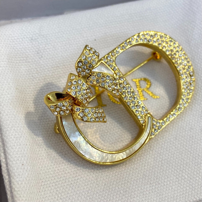 Bow & Letter Frame Brooch with Stone Accents