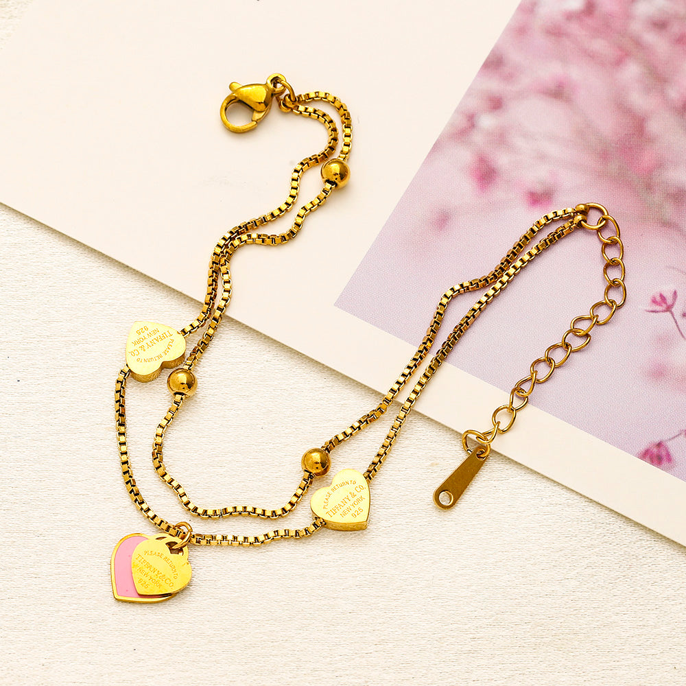 304 Stainless Steel Double Heart Charm Chain Bracelet