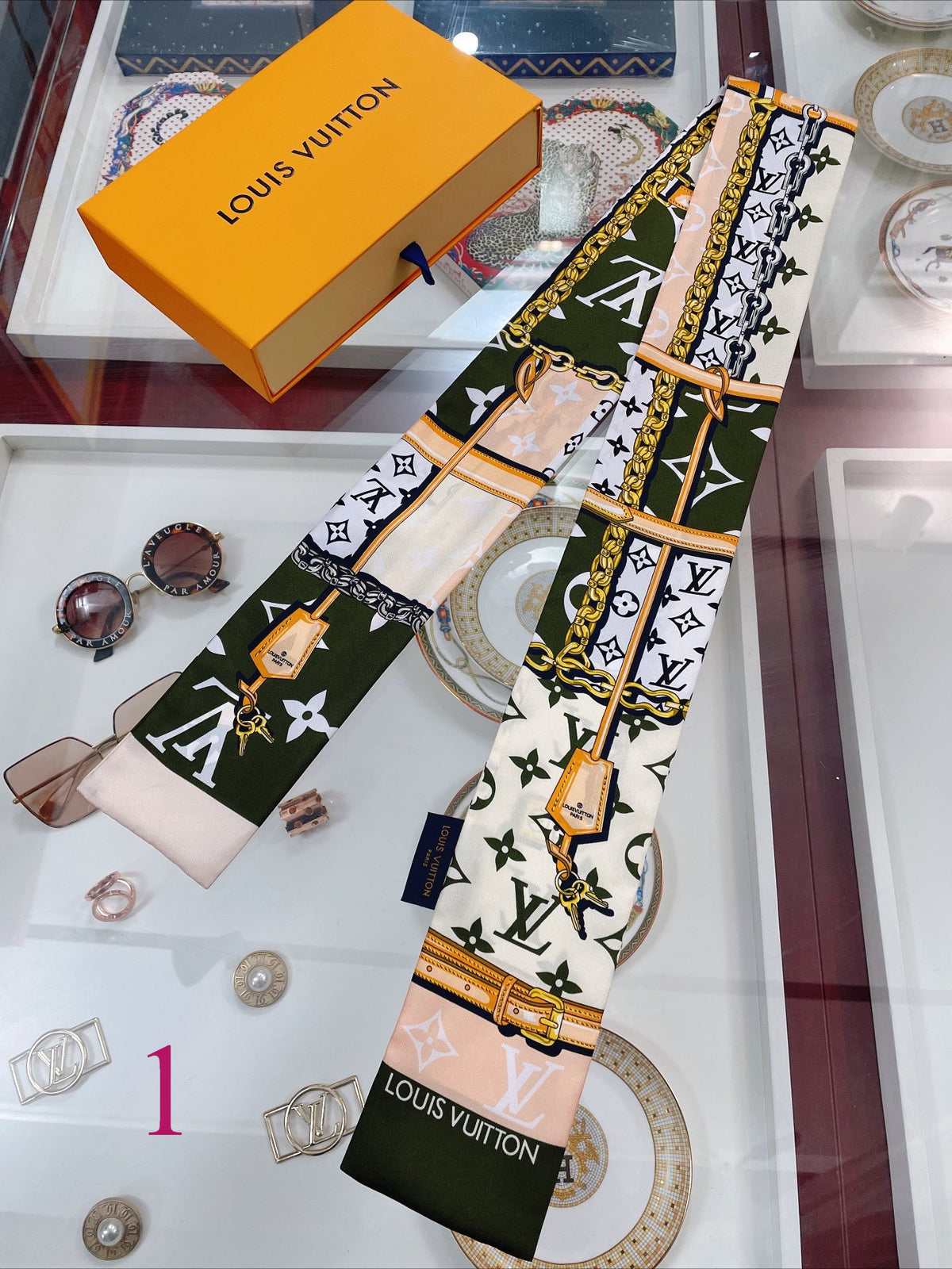 Chain & Monogram Print Ribbon Scarf - 5 x 120 cm
