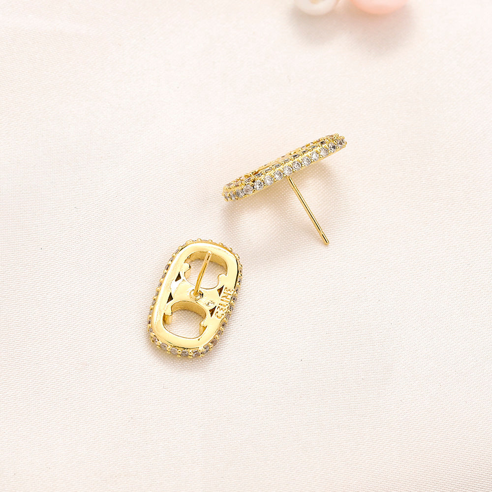 304 Stainless Steel Pave Oval Stud Earrings
