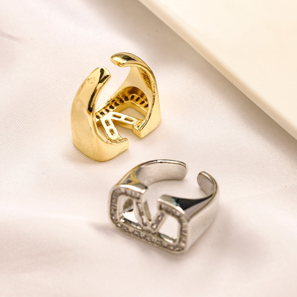 Open V-Motif Ring with Stone Accents