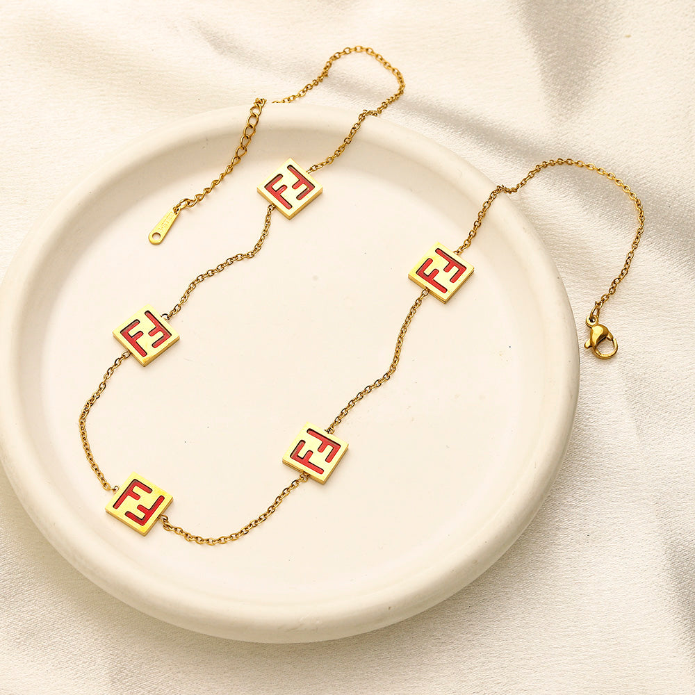304 Stainless Steel Geometric F-Motif Station Necklace