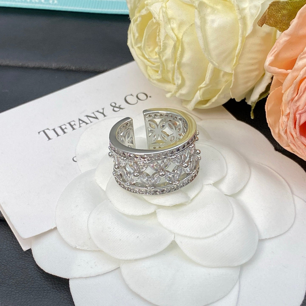 Wide Openwork Floral Band Ring with Stone Accents