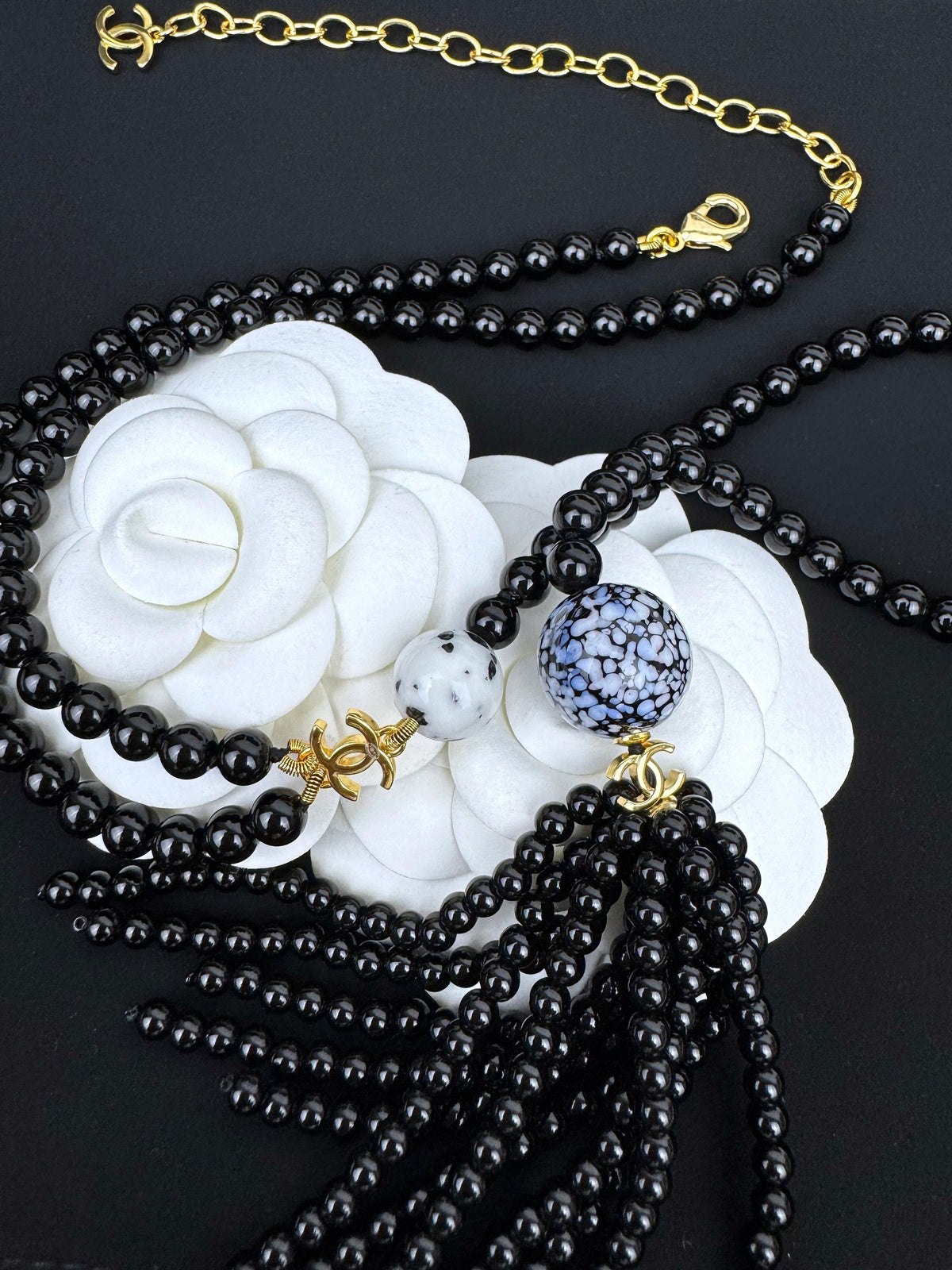 Gold Tone Long Tassel Necklace, Black Faux Pearl & Glass Beads
