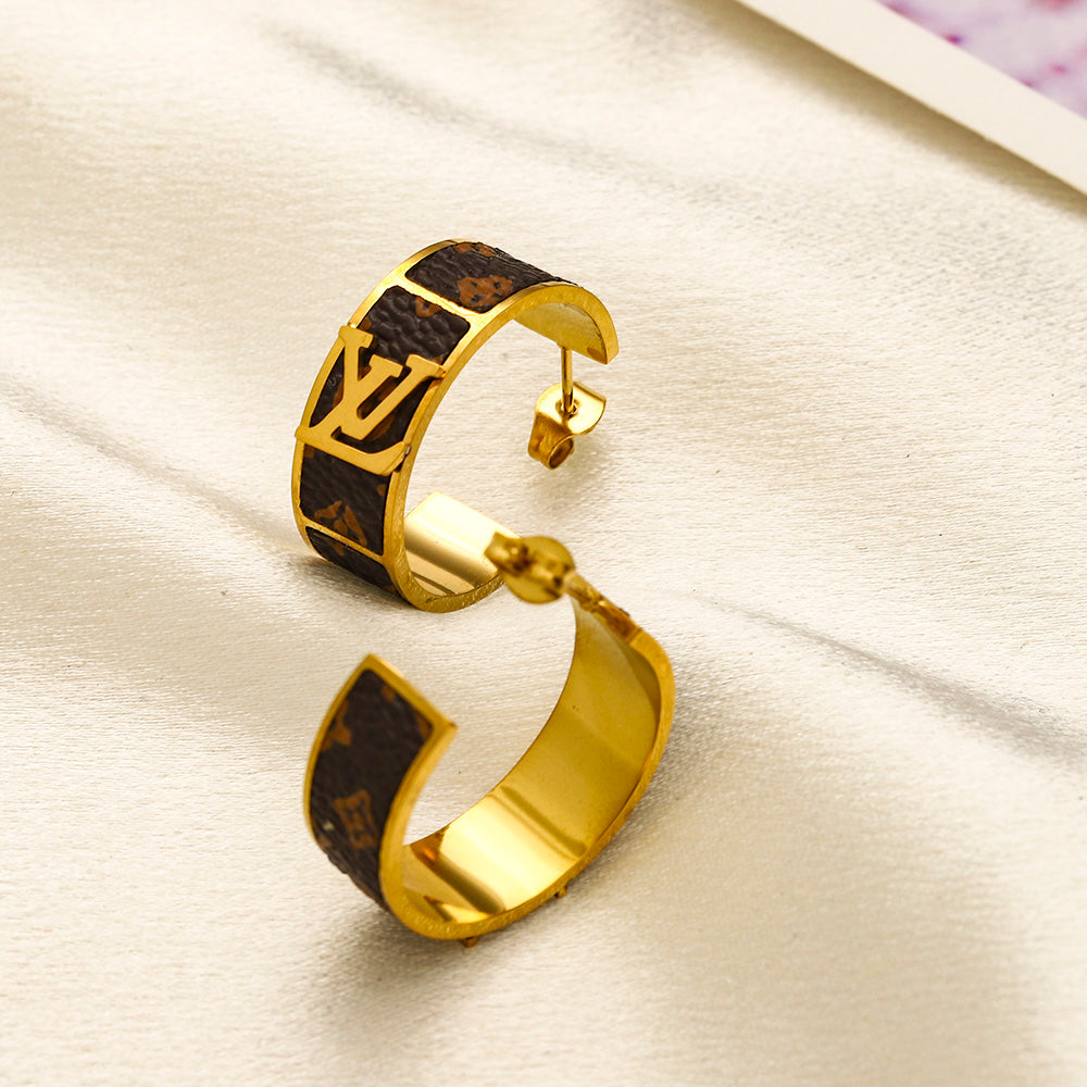 Boucles d'oreilles créoles en acier inoxydable 304 avec monogramme incrusté noir