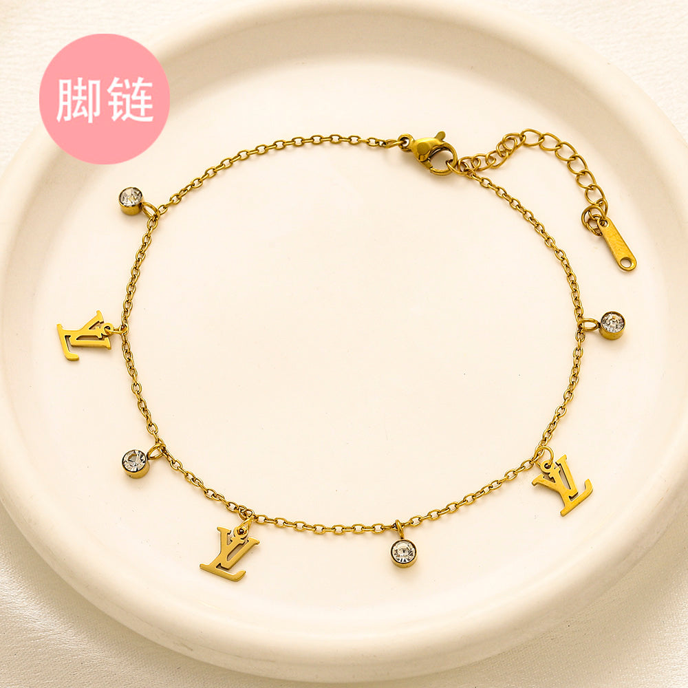 304 Stainless Steel Letter & Stone Station Anklet