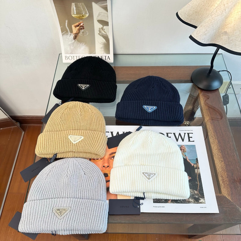 Ribbed Knit Beanie with Triangle Emblem