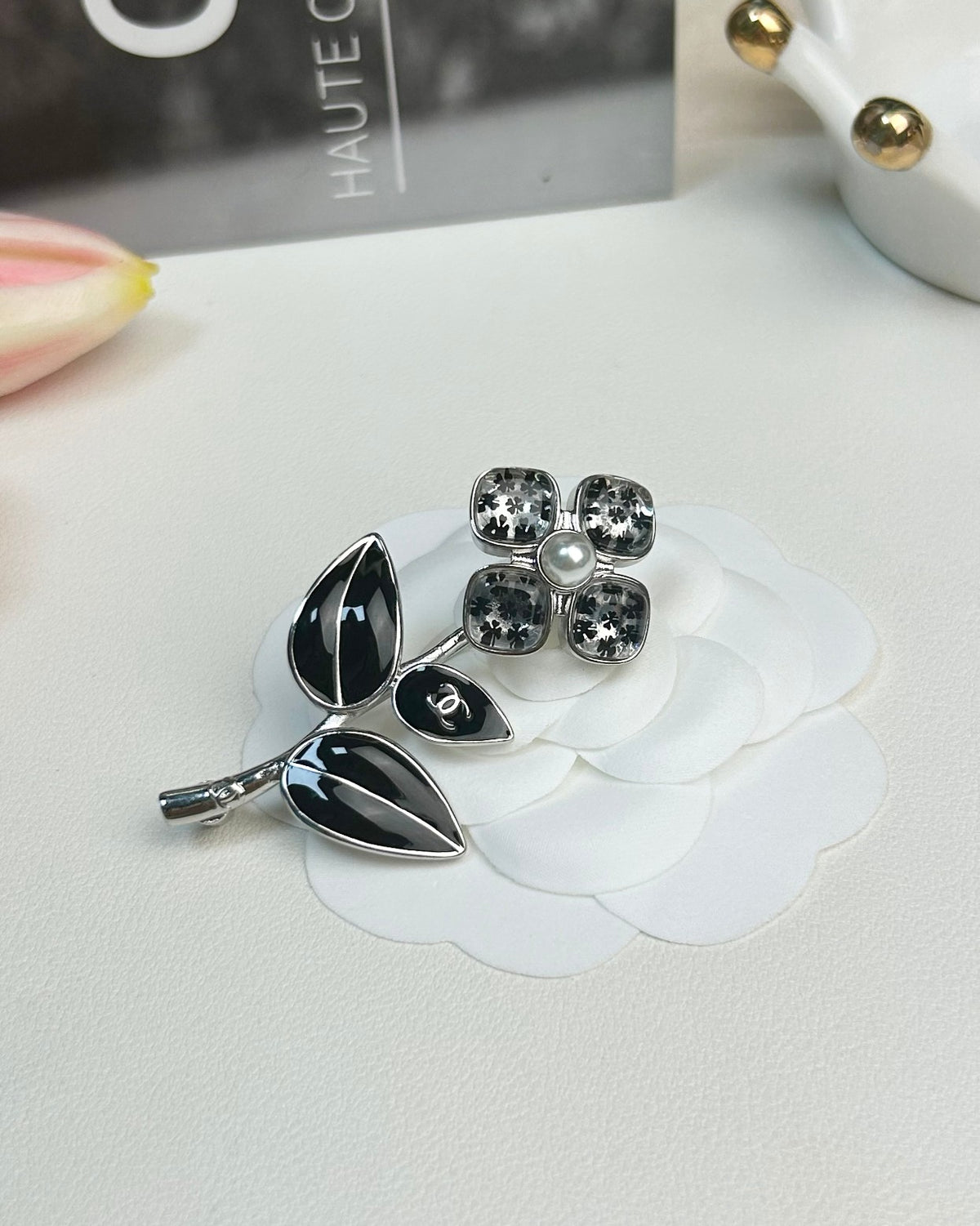 Black Leaf & Stone Flower Brooch