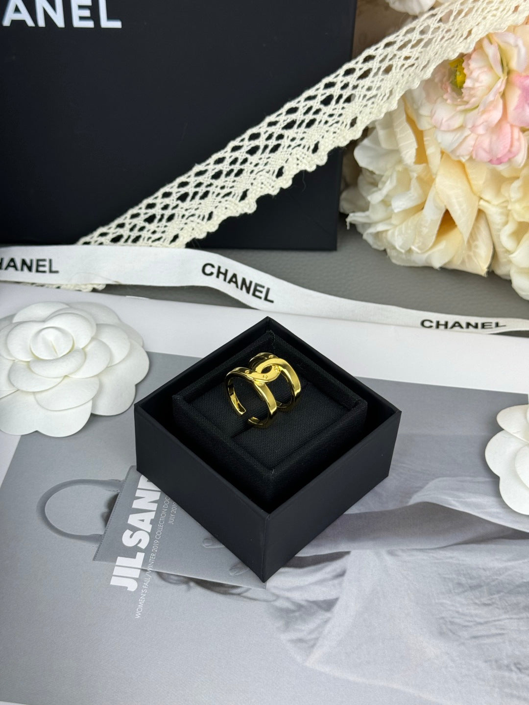 Open Double Emblem Ring with Stone Accents
