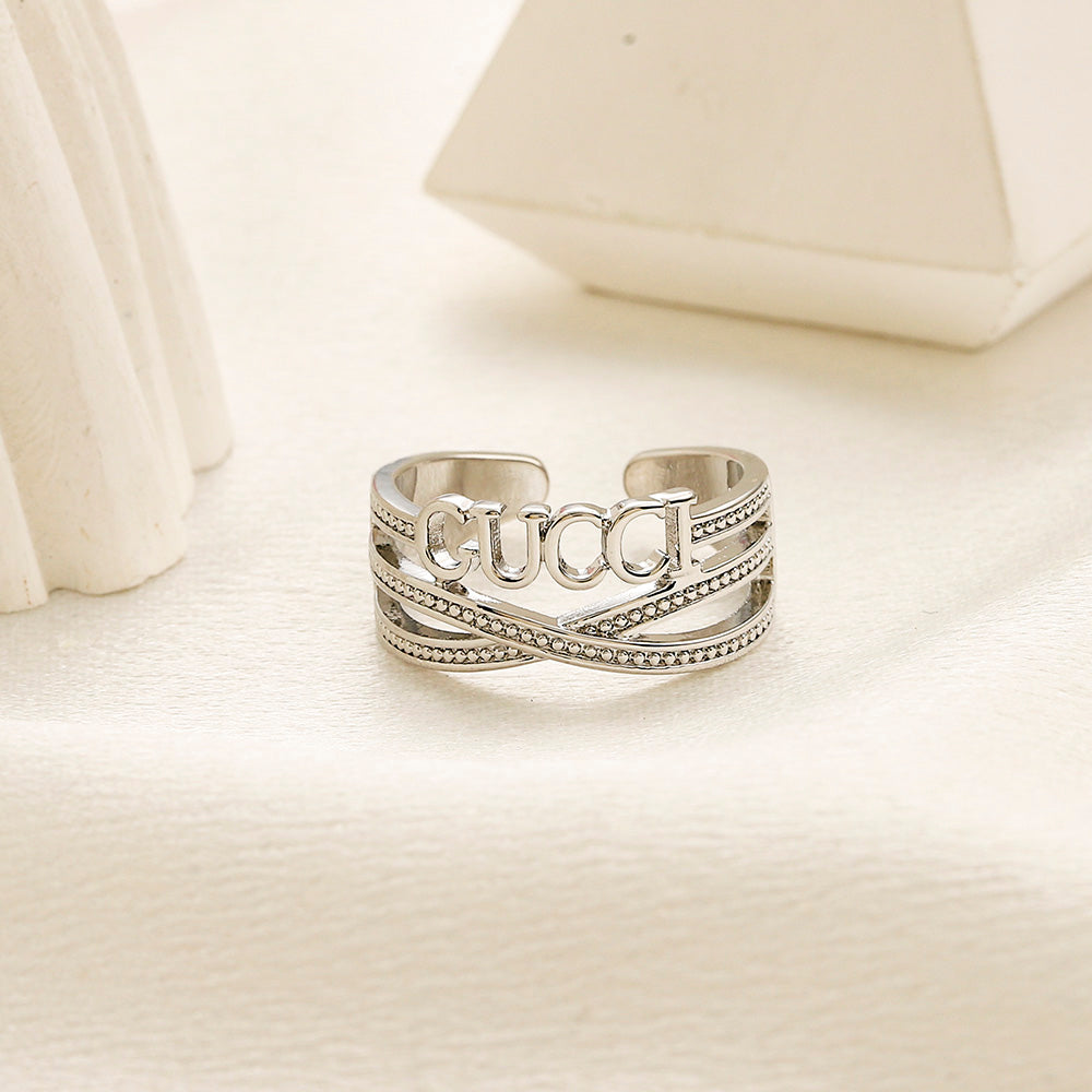 Open Lettering Ring with Stone-Set Chain Detail