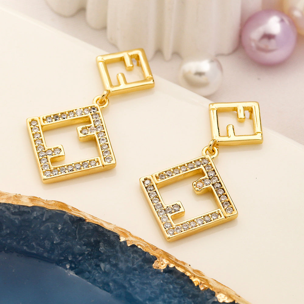 304 Stainless Steel Double Square Pave Drop Earrings