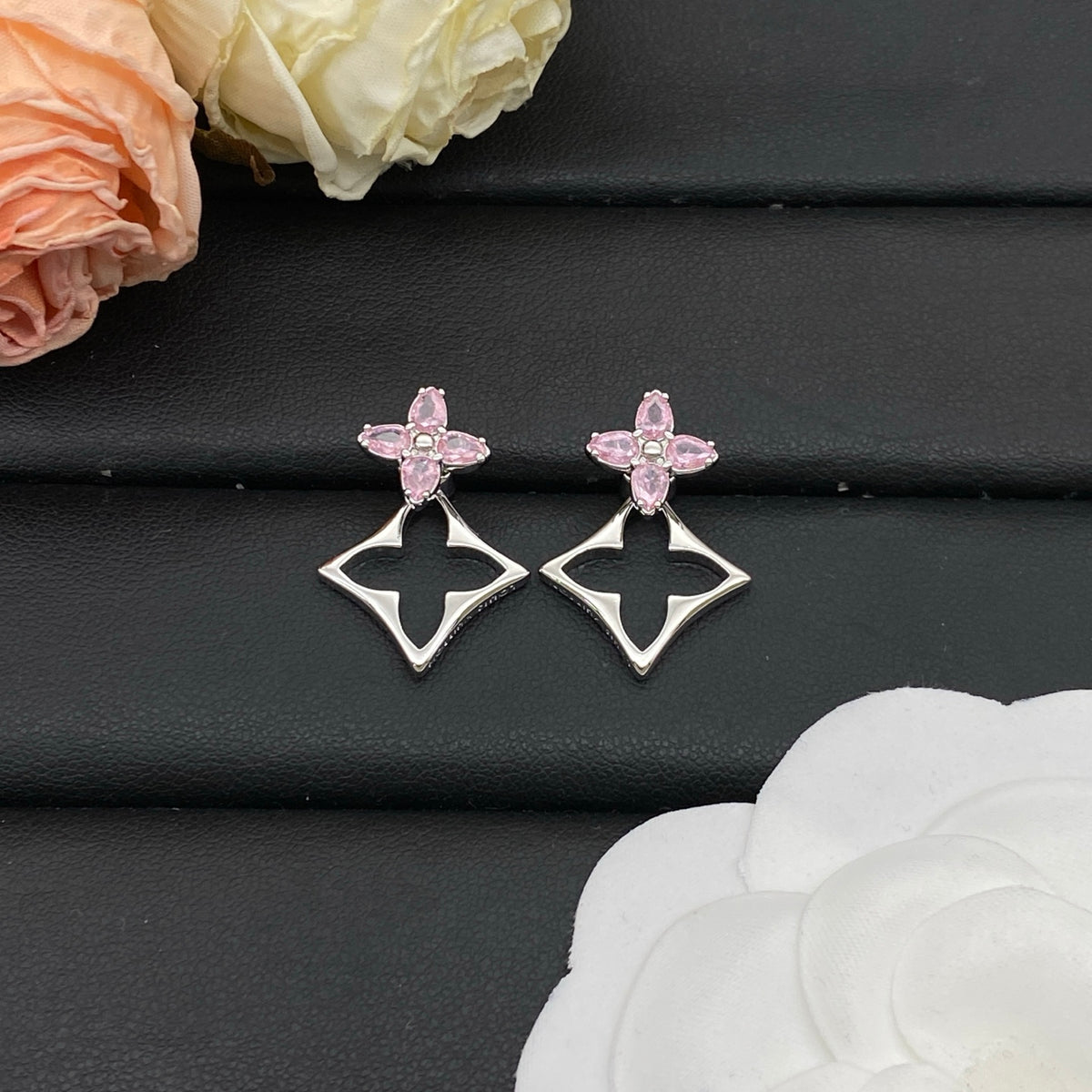 Pave Flower & Openwork Floral Drop Earrings