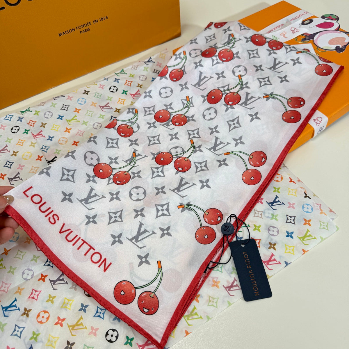 Cherry & Monogram Square Scarf - 90 x 90 cm