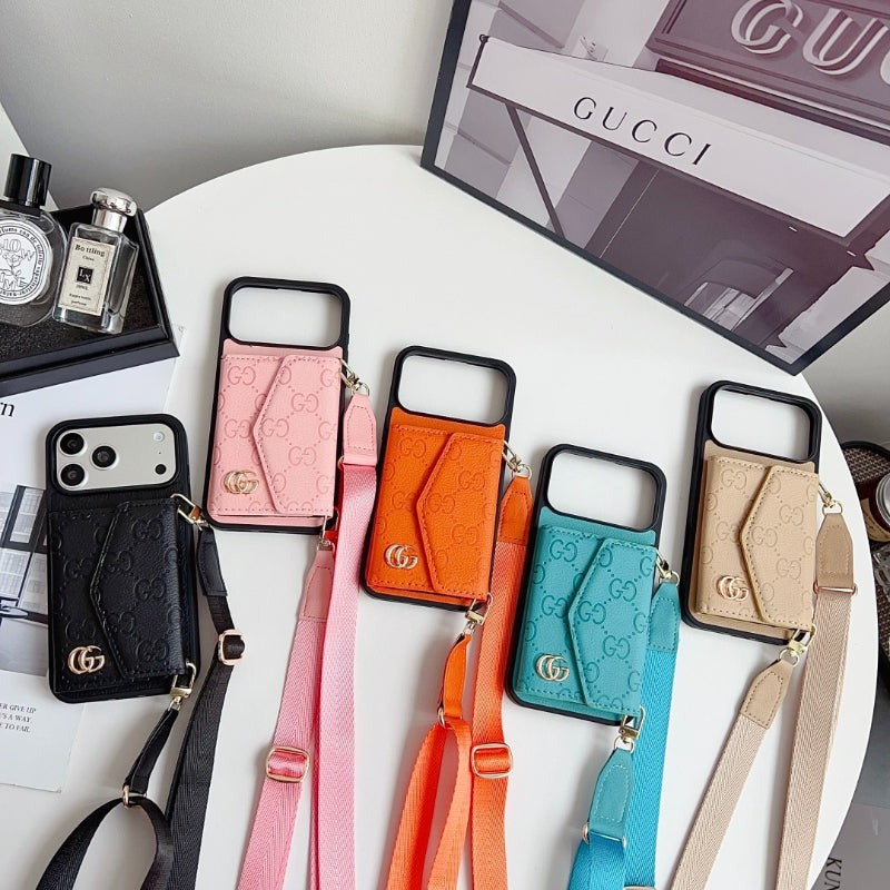 Quilted Emblem Phone Case with Card Pocket and Strap