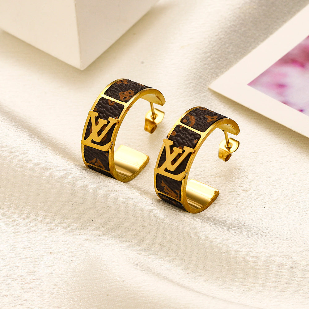 Boucles d'oreilles créoles en acier inoxydable 304 avec monogramme incrusté noir