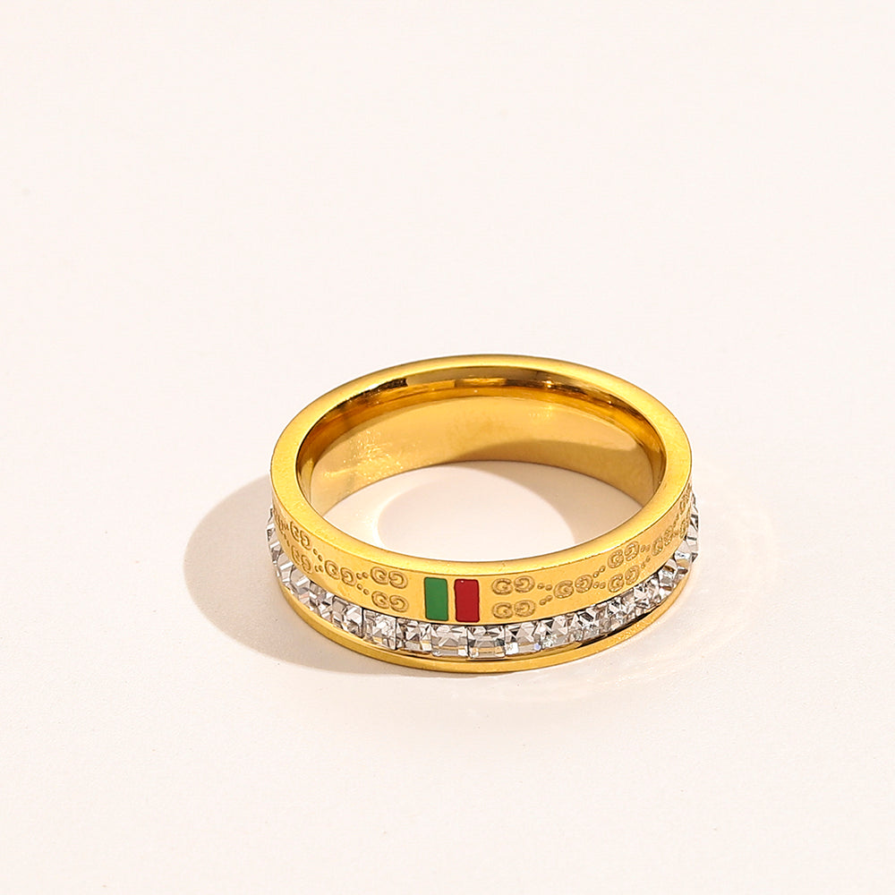 304 Stainless Steel Web Stripe Band Ring with Stone Accents