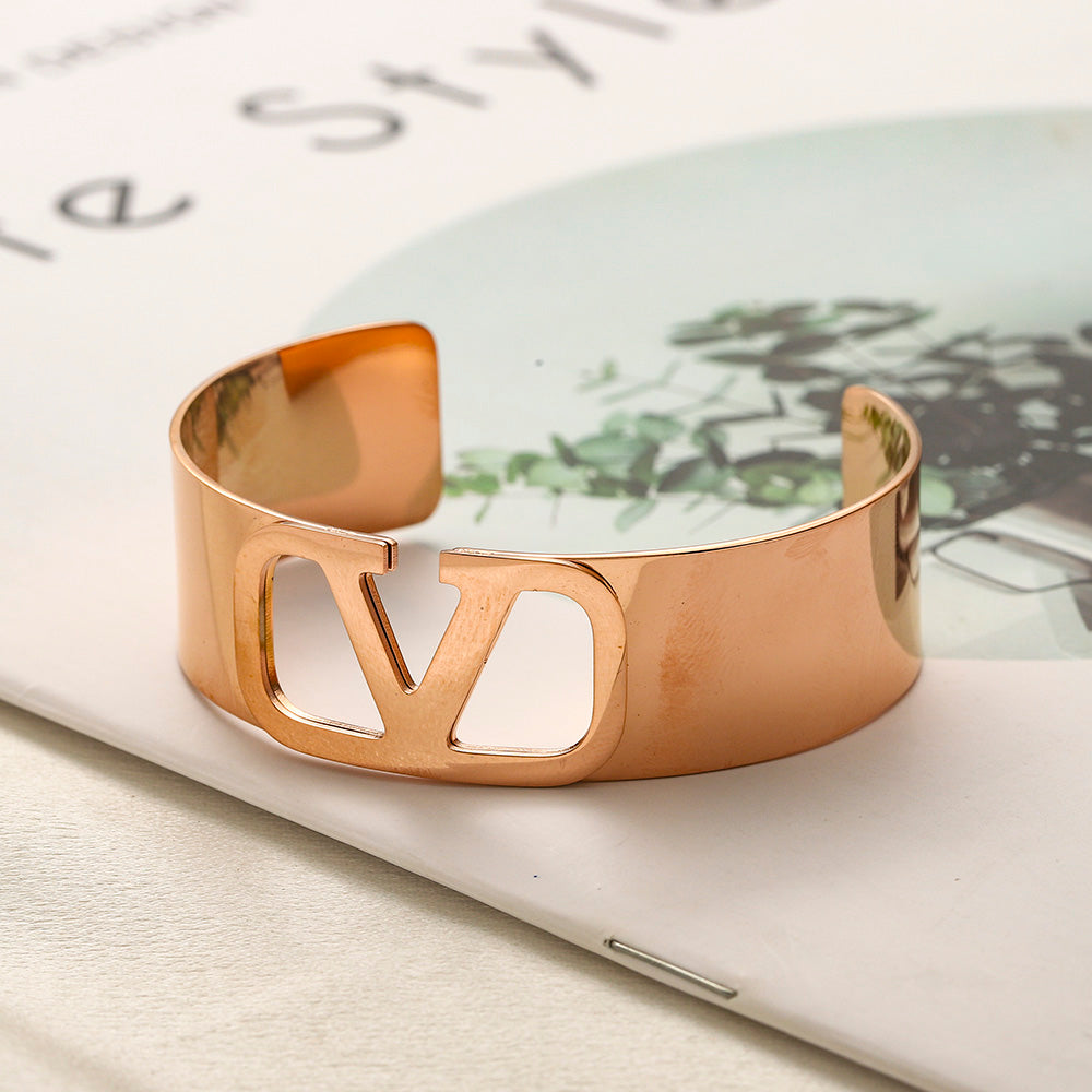 304 Stainless Steel V-Motif Wide Cuff Bracelet