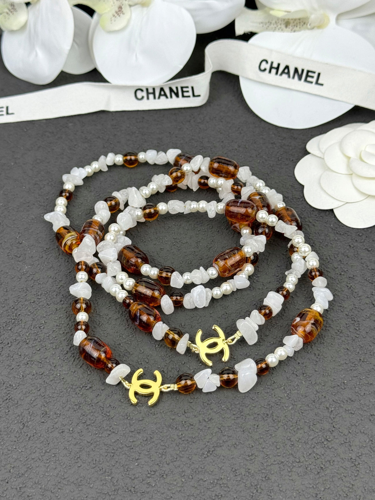 Gold Tone Long Sweater Necklace, Amber & White Stone Beaded Chain