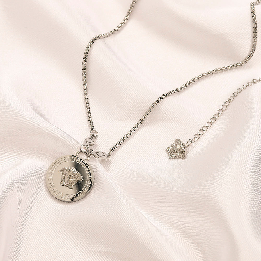 304 Stainless Steel Engraved Medallion Greek-Key Chain Necklace