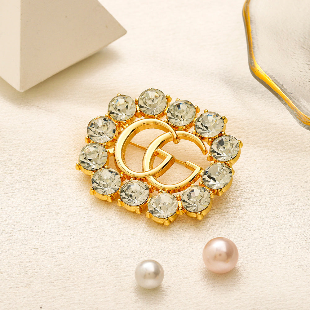 Alloy Oval Letter Brooch with Colored Stone Border