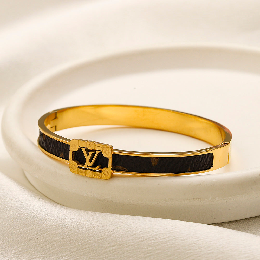 304 Stainless Steel Black Inlay Monogram Bangle Bracelet