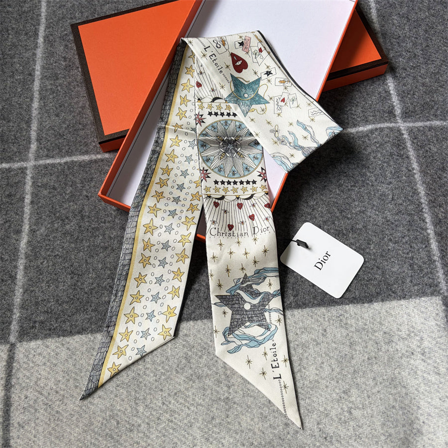 Ornamental Scenic Print Ribbon Scarf - 5 x 120 cm