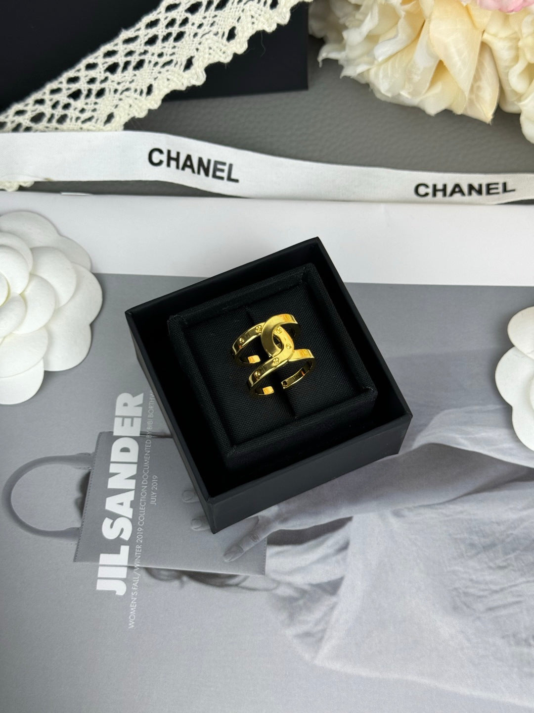 Open Double Emblem Ring with Stone Accents