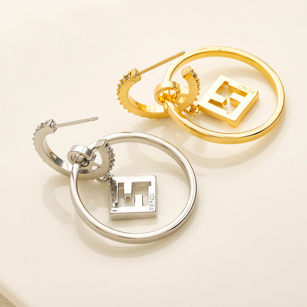 304 Stainless Steel Round Frame F-Charm Hoop Earrings