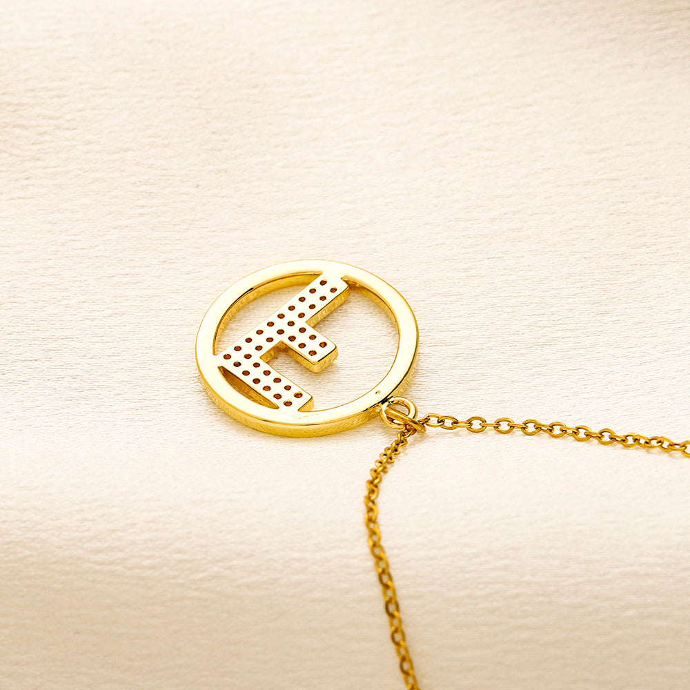 304 Stainless Steel Pave F-Motif Circle Pendant Necklace