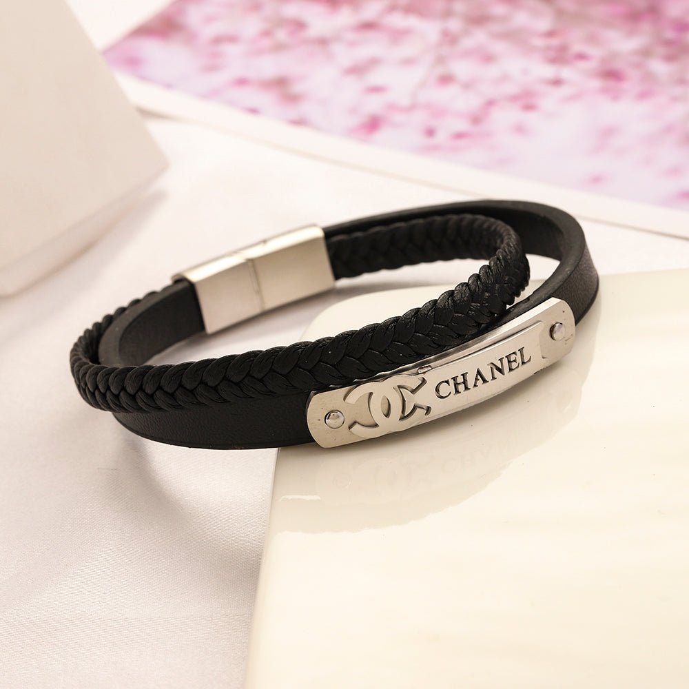 304 Stainless Steel Black Braided Interlocking-C Bar Bracelet