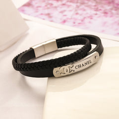 304 Stainless Steel Black Braided Interlocking-C Bar Bracelet