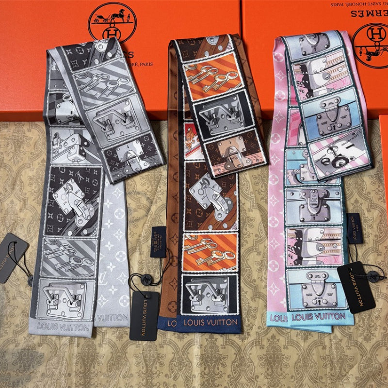 Illustrated Panel Print Ribbon Scarf - 5 x 120 cm