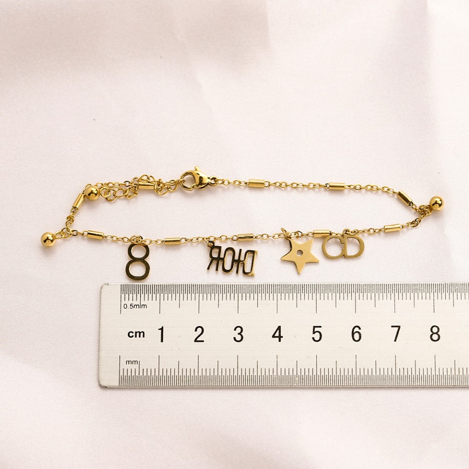 304 Stainless Steel Letter & Open Circle Charm Anklet